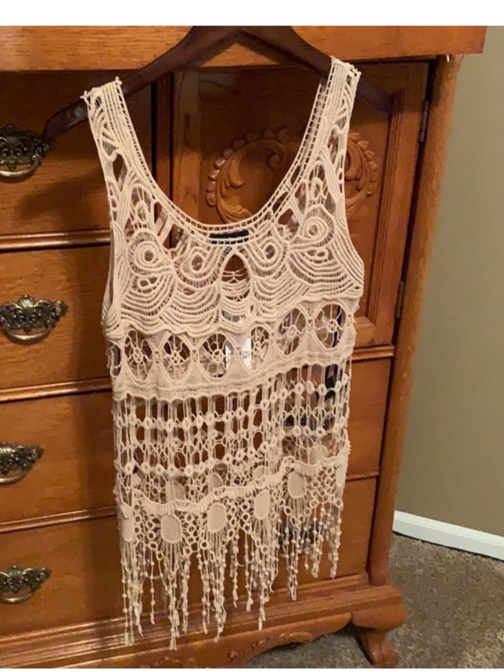 bebe Open Crochet Lace Top in Soft Beige